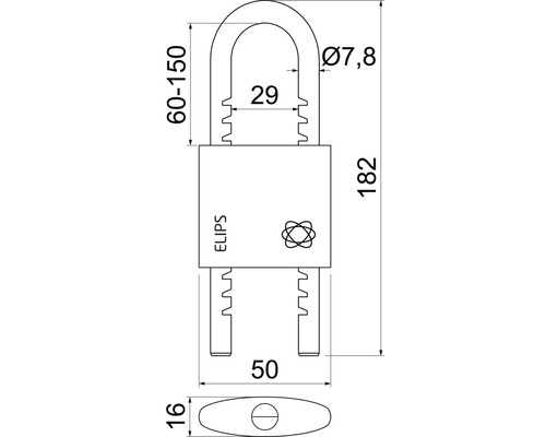 Technický nákres visacího zámku s rozměry