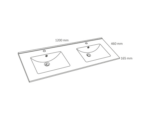 Deska s dvojitým umyvadlem o rozměrech 1200 mm x 460 mm x 165 mm.