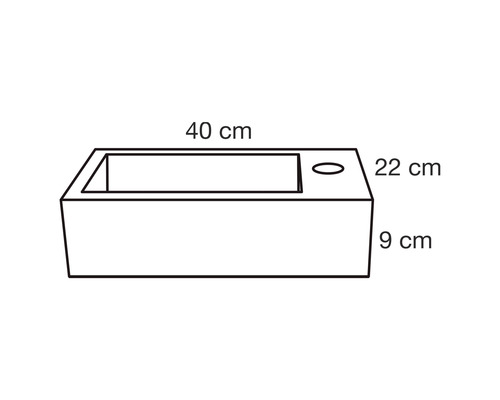 Nákres umyvadla s rozměry 40 cm šířka, 22 cm hloubka a 9 cm výška
