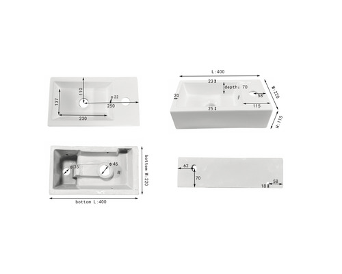 Technický nákres bílého umyvadla s rozměry