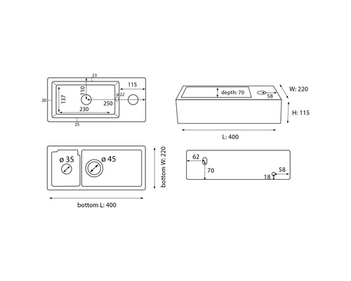 Technický nákres umyvadla s rozměry délka 400, šířka 220, výška 115