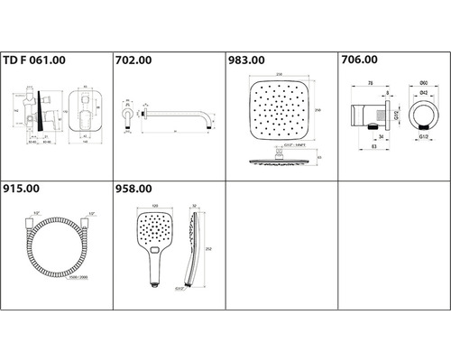 Technické výkresy vodovodních baterií a sprch s rozměry