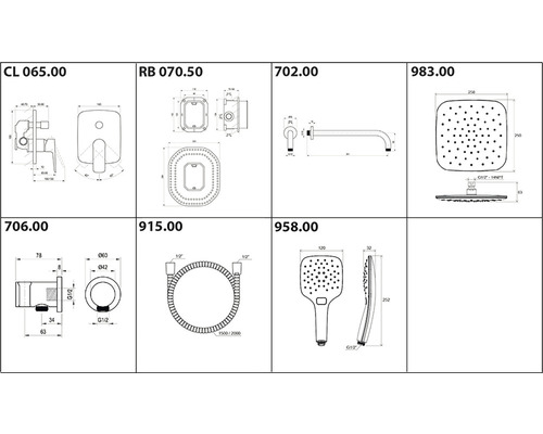 Technické výkresy různých sanitárních produktů s rozměry