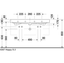 Technický nákres umyvadla Happy D.2 s rozměry