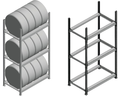 Obrázek regálu pro velké zatížení, jednou s pneumatikami a jednou bez nich