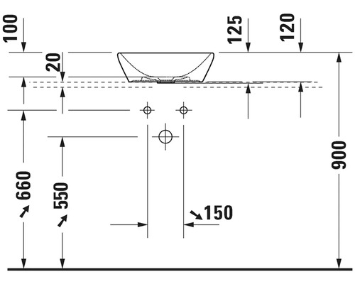 Technický nákres umyvadla na desku s rozměry