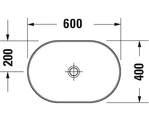 Technický nákres umyvadla na desku o rozměrech 600 x 400 x 200 mm.