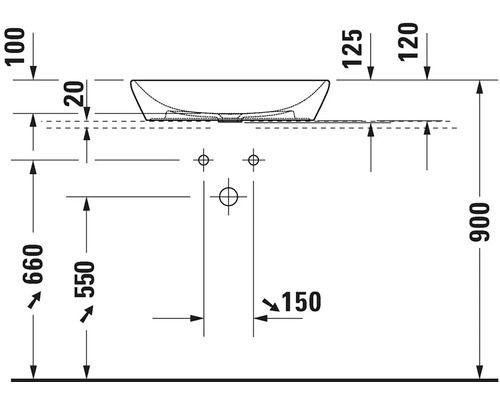Technický nákres umyvadla s rozměry