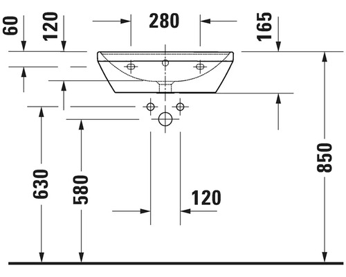 Technický výkres umyvadla s rozměry