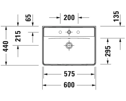 Technický výkres umyvadla s rozměry