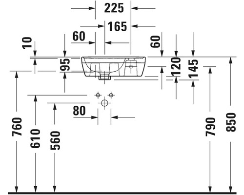 Rozměrový výkres umyvadla s kótováním