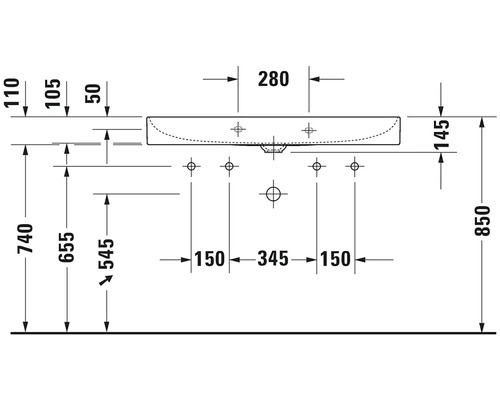 Technický výkres umyvadla s rozměry
