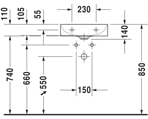Technický výkres umyvadla s rozměry.