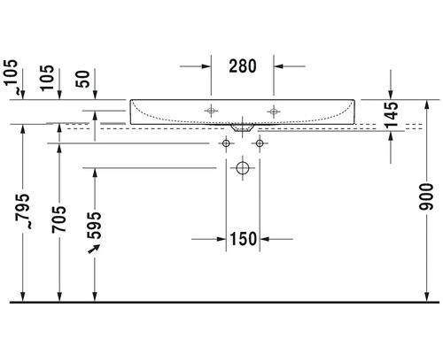 Technický nákres umyvadla s rozměry.