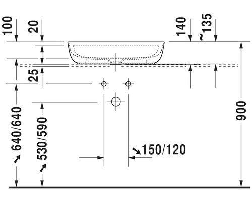 Technický nákres umyvadla s rozměry