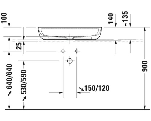 Technický nákres umyvadla s rozměry