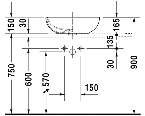 Technický nákres umyvadla s rozměry