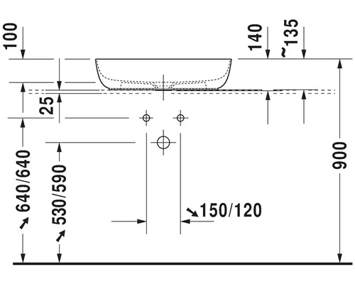 Technický nákres umyvadla s rozměry