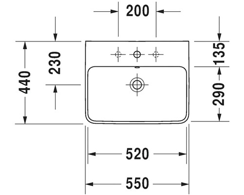 Technický nákres umyvadla s rozměry