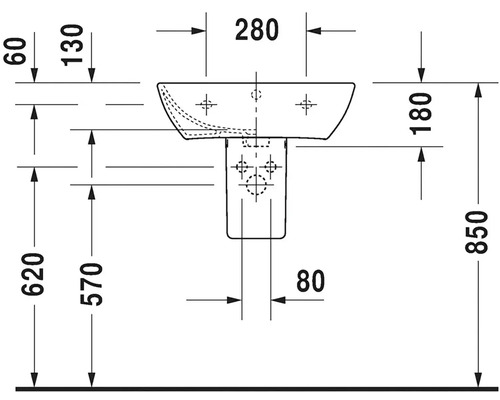 Technický nákres umyvadla s rozměry