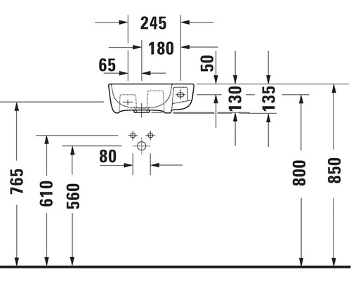 Technický nákres umyvadla s rozměry
