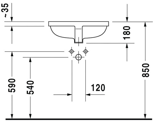 Rozměrový nákres umyvadla o rozměrech výška 850 milimetrů, hloubka 590 milimetrů a šířka 120 milimetrů
