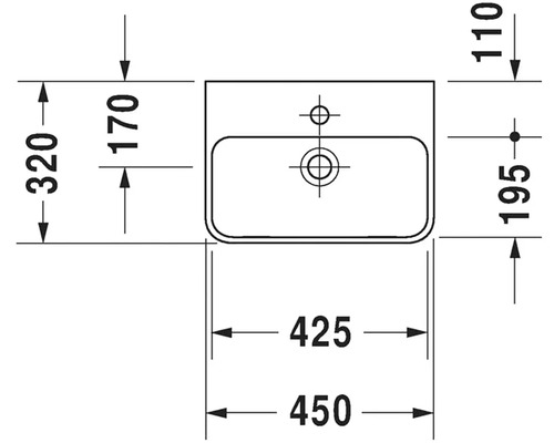 Technický nákres umyvadla s rozměry