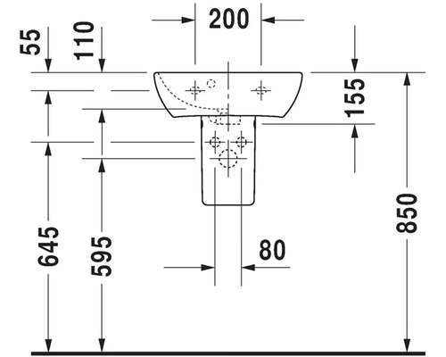 Technický nákres umyvadla s rozměry