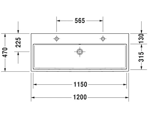 Technický nákres umyvadla s rozměry.
