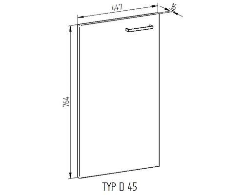 Technický výkres dveří skříně s rukojetí a rozměry