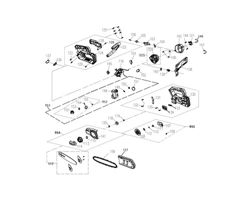 Rozkreslený nákres řetězové pily zobrazující uspořádání dílů
