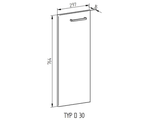 Technický nákres nábytkové čelní strany s rukojetí, rozměry 764 x 297 mm