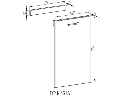 Technický výkres kuchyňské skříňky K 45 UV s rozměry