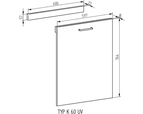 Technický nákres kuchyňské skříňky s držadlem a rozměry