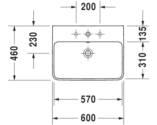 Technický nákres umyvadla s rozměry.