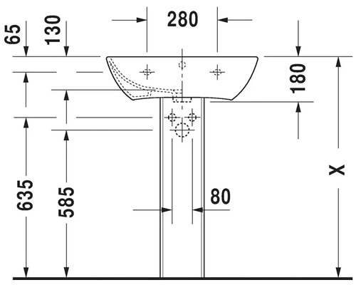 Technický výkres umyvadla s rozměry.