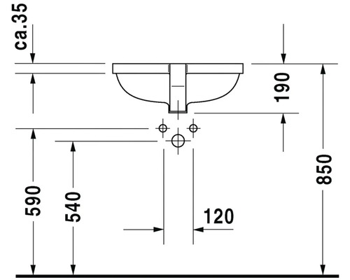 Technický nákres umyvadla s rozměry
