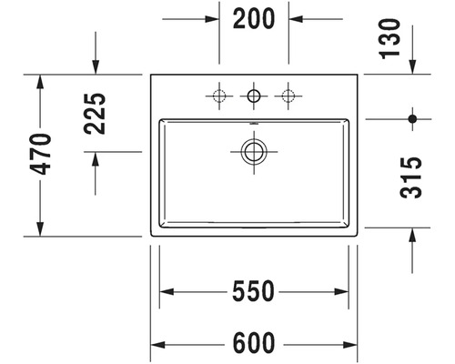 Technický nákres umyvadla s rozměry