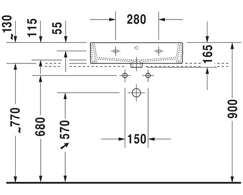 Rozměrový nákres umyvadla o rozměrech výška 900 mm, šířka 280 mm a hloubka 165 mm.