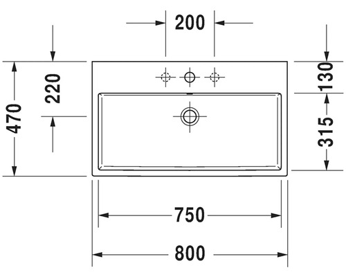 Technický nákres umyvadla s rozměry.
