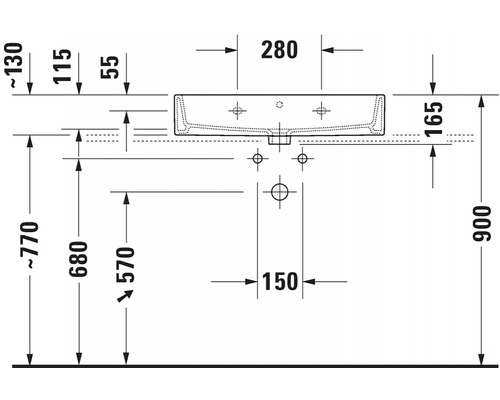 Technický výkres umyvadla s rozměry