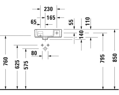 Technický nákres umyvadla s rozměry