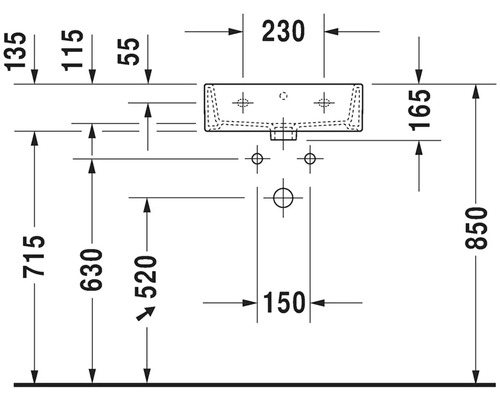 Technický nákres umyvadla s rozměry
