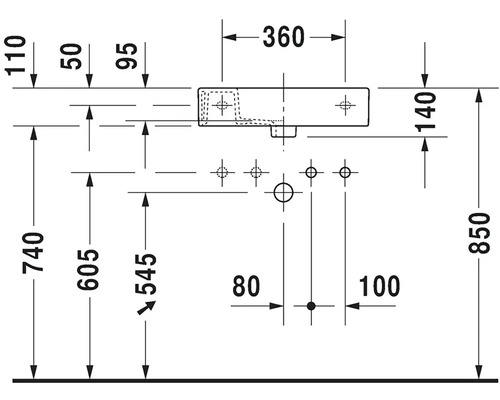 Rozměrový nákres umyvadla o rozměrech 360 x 850 milimetrů.