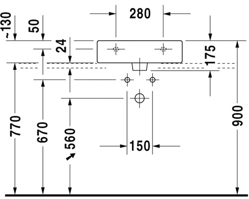 Technický nákres umyvadla s rozměry v milimetrech.
