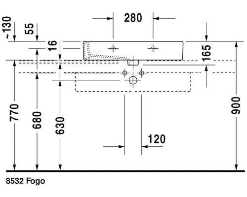 Technický nákres umyvadla Fogo s rozměry