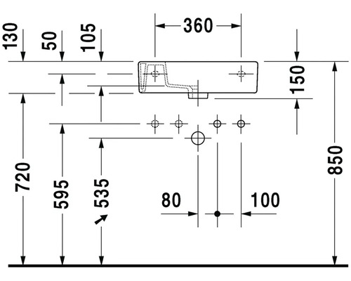Technický nákres umyvadla s rozměry