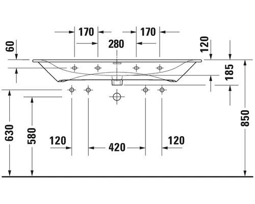 Technický nákres umyvadla s rozměry