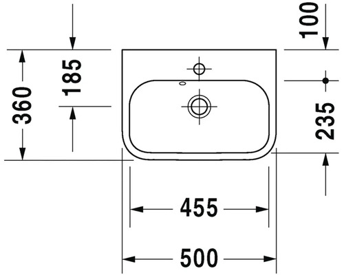 Technický výkres umyvadla s rozměry.