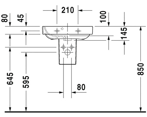 Technický výkres umyvadla s rozměry.